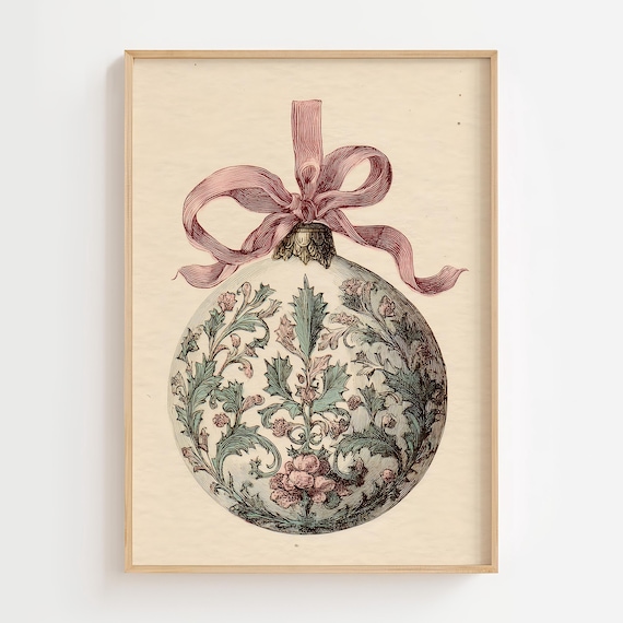 Vintage Christmas Ornament Wall Art Pink Ribbon Holiday Elegant Floral Bauble Illustration Classic Decor Gift