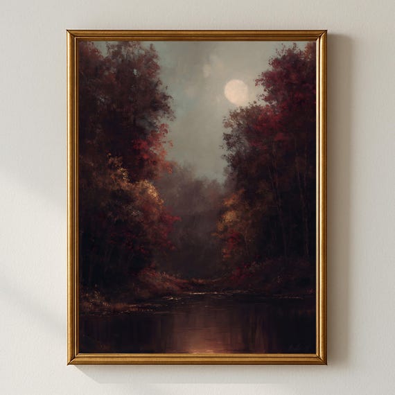 Rustic Autumn Landscape Art Print, Dark Forest Moon