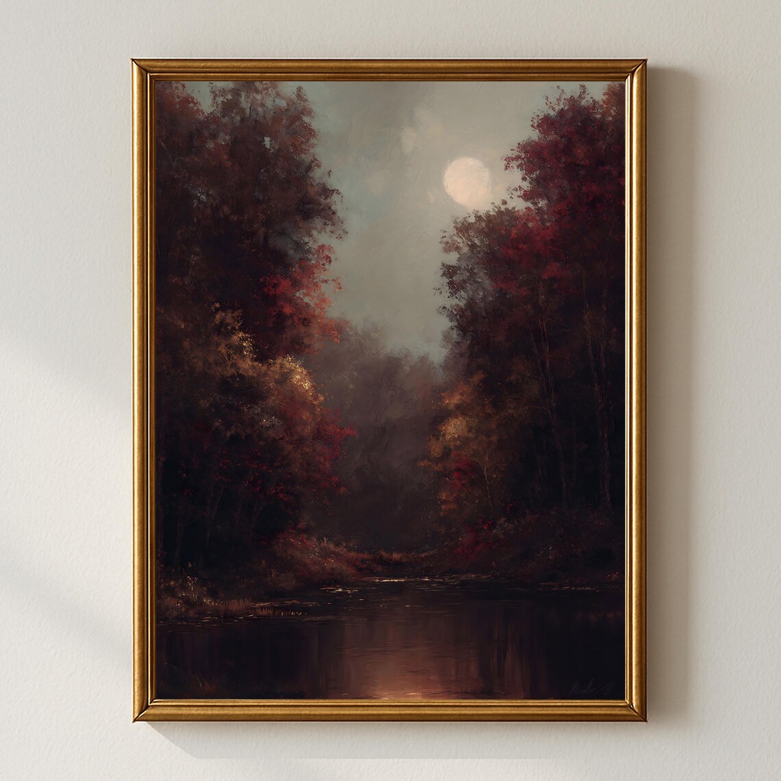 Rustic Autumn Landscape Art Print, Dark Forest Moon