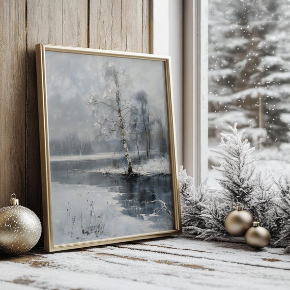Frozen Lake Wall Art Birch Tree Winter Landscape Calm Minimal Nature Scene For Cozy Decor