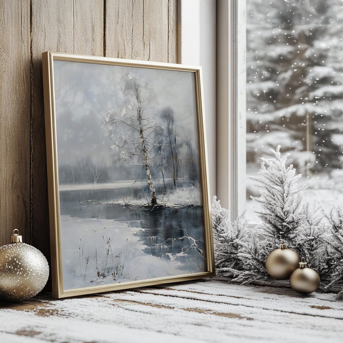 Frozen Lake With Snowy Birch Trees Winter Landscape Art Poster