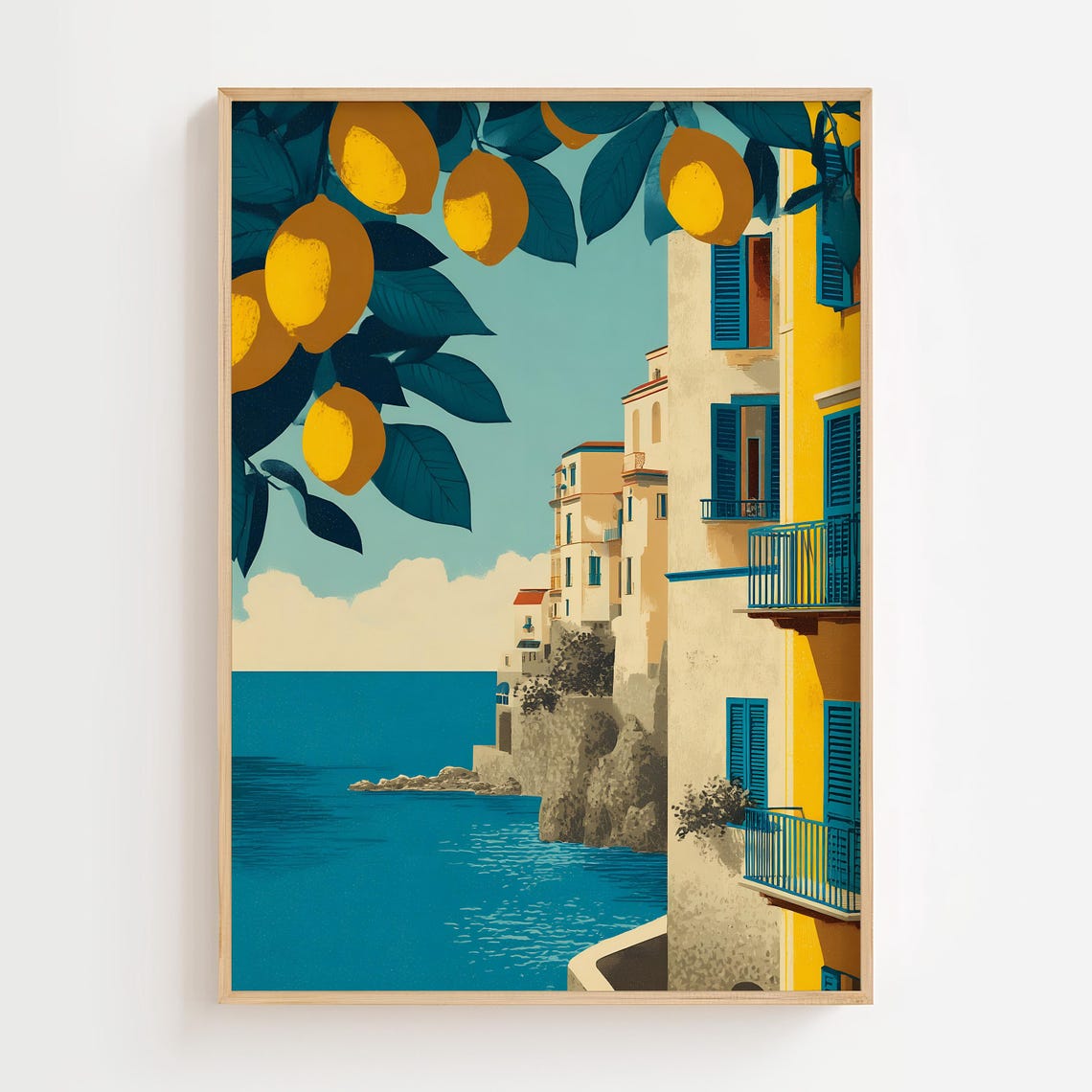 Amalfi Coast Lemon Buildings Blue Shutters Retro Italy Poster