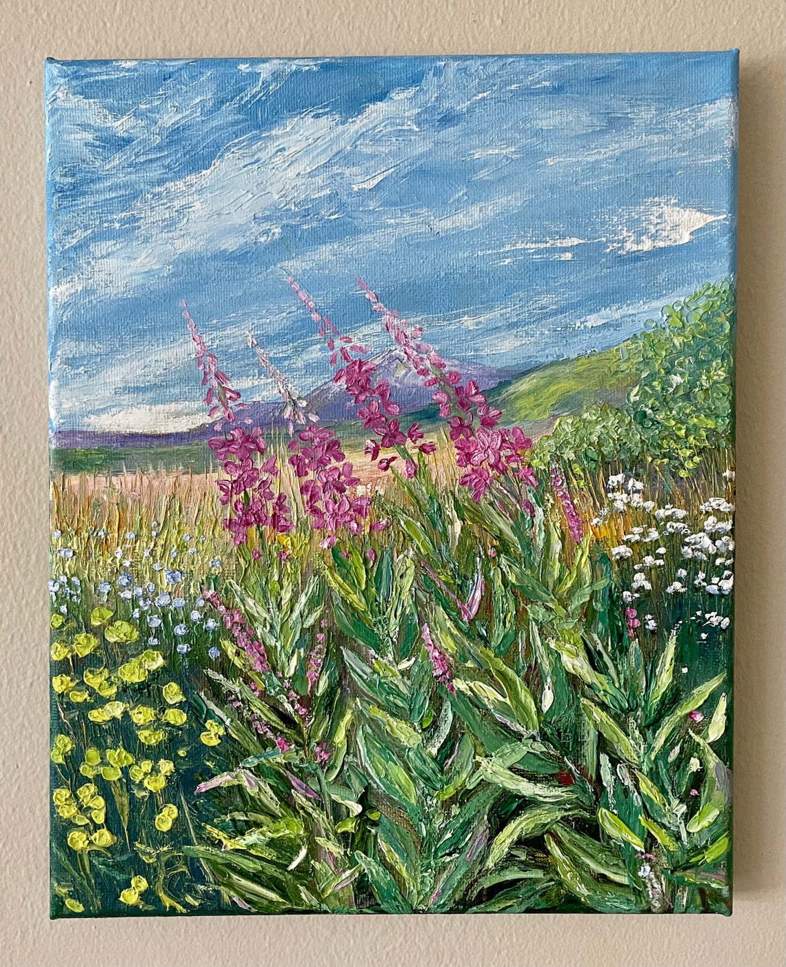 Fireweed Wildflower Meadow Blue Sky Summer Landscape Oil Painting Art - Image 3