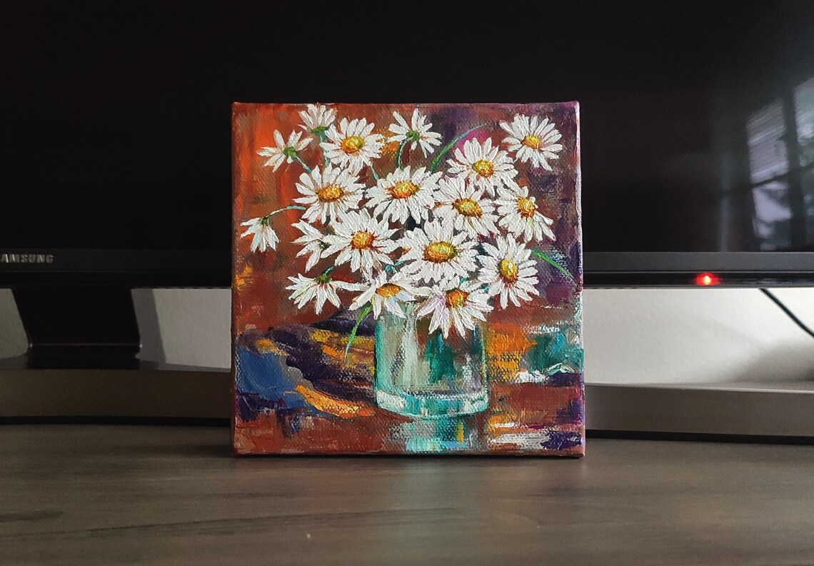 White Daisies Glass Vase Bouquet Colorful Floral Oil Painting Wall Art - Image 4