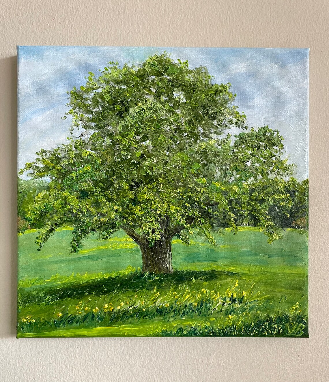 Majestic Oak Tree Sunny Park Meadow Green Landscape Oil Wall Art - Image 4