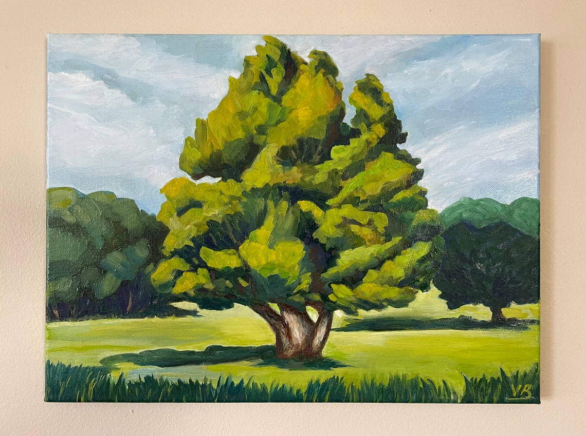 Sunlit Oak Tree Green Meadow Park Summer Landscape Oil Painting Art