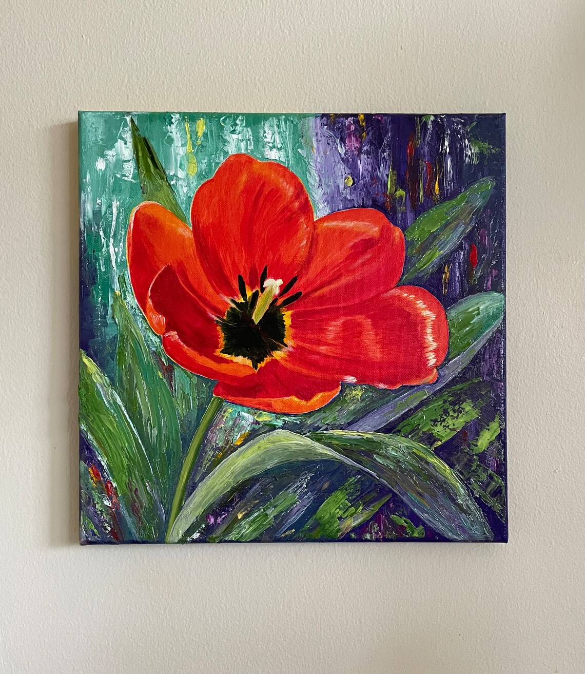 Red Orange Tulip Blossom Garden Bold Floral Oil Painting Wall Art - Image 2
