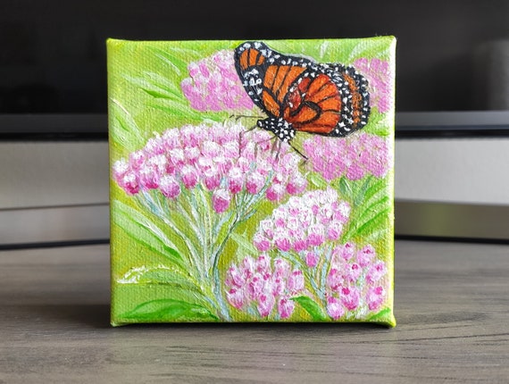 Wildflowers Butterfly Milkweed Flowers Original Handmade Oil Painting On Salt Marsh Fleabane Painting Gift For Flowers Lovers