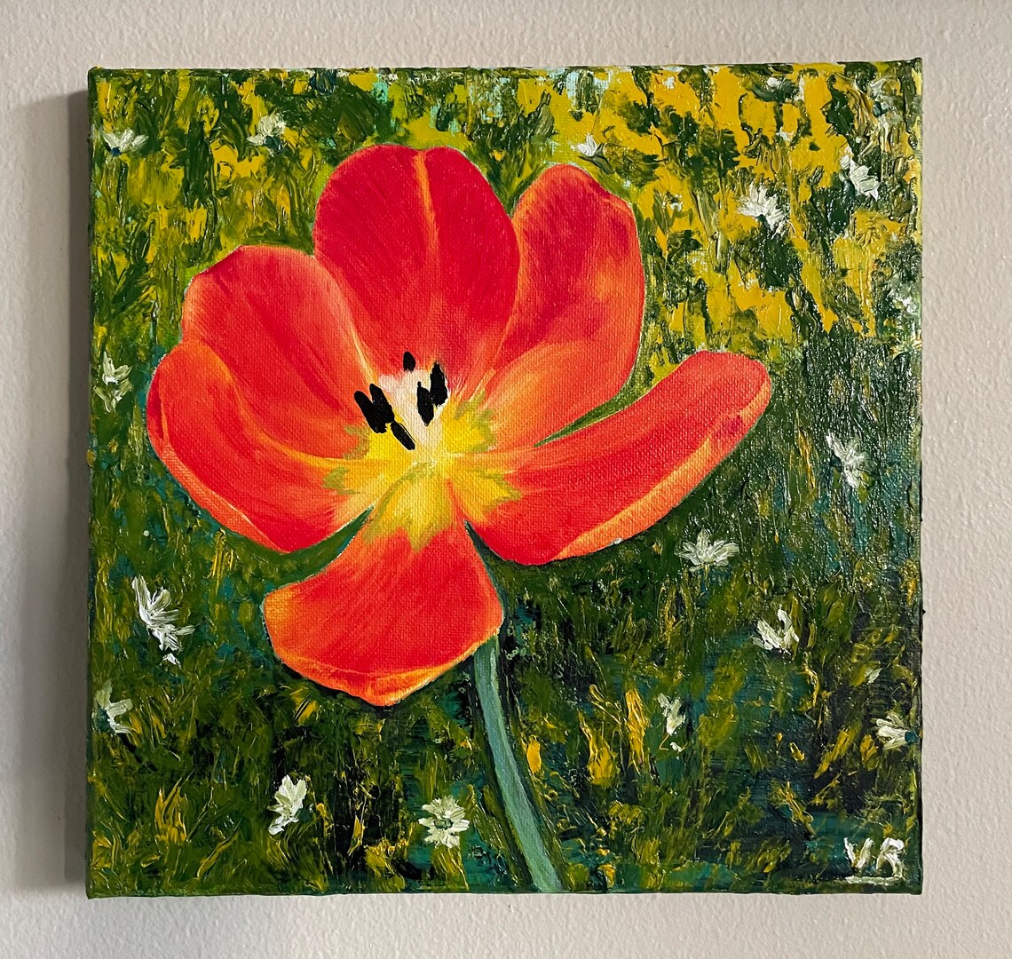 Red Tulip Bloom Close Up Garden Oil Painting Vibrant Floral Wall Art