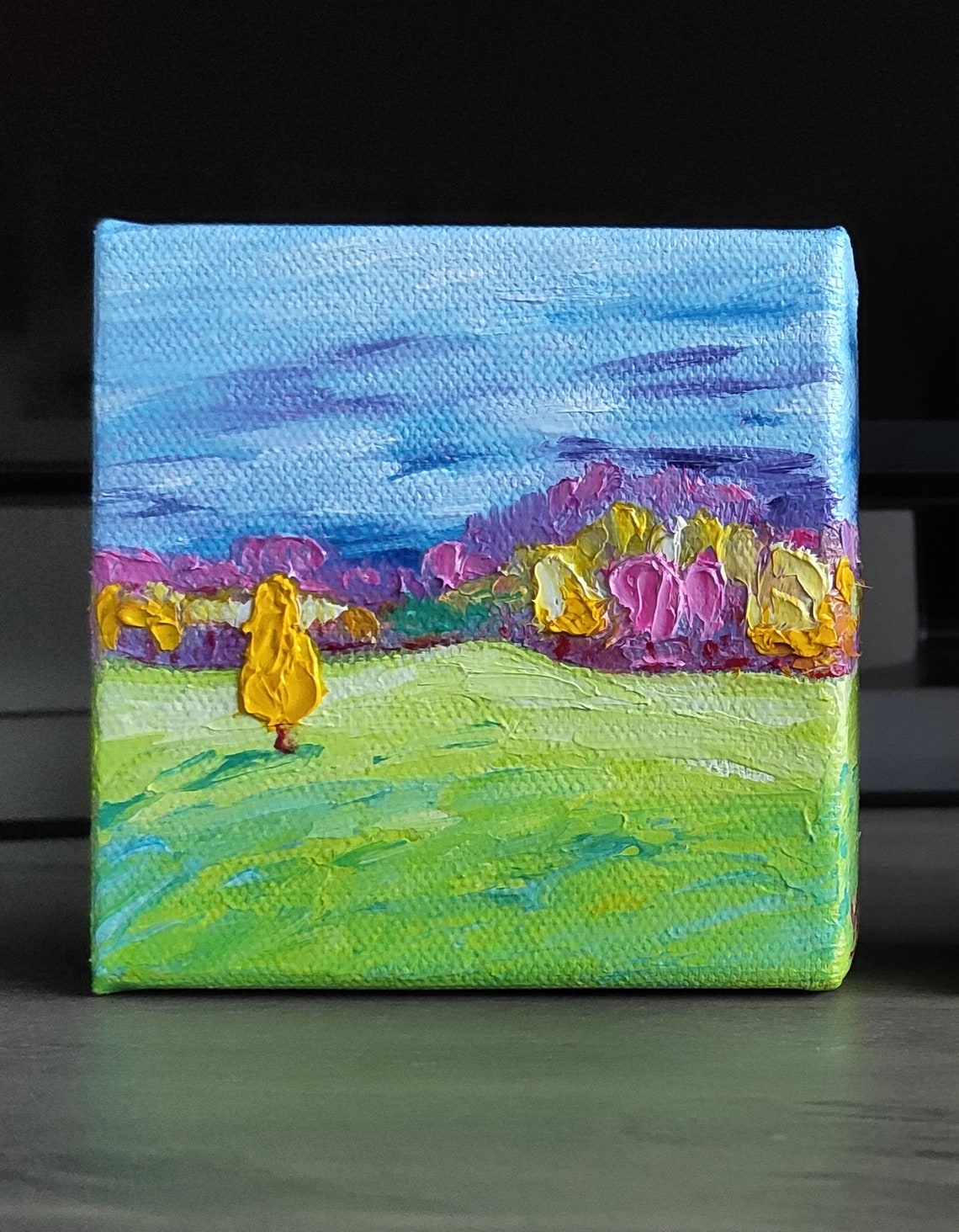 Colorful Abstract Country Landscape Green Field Pink Trees Mini Poster - Image 3