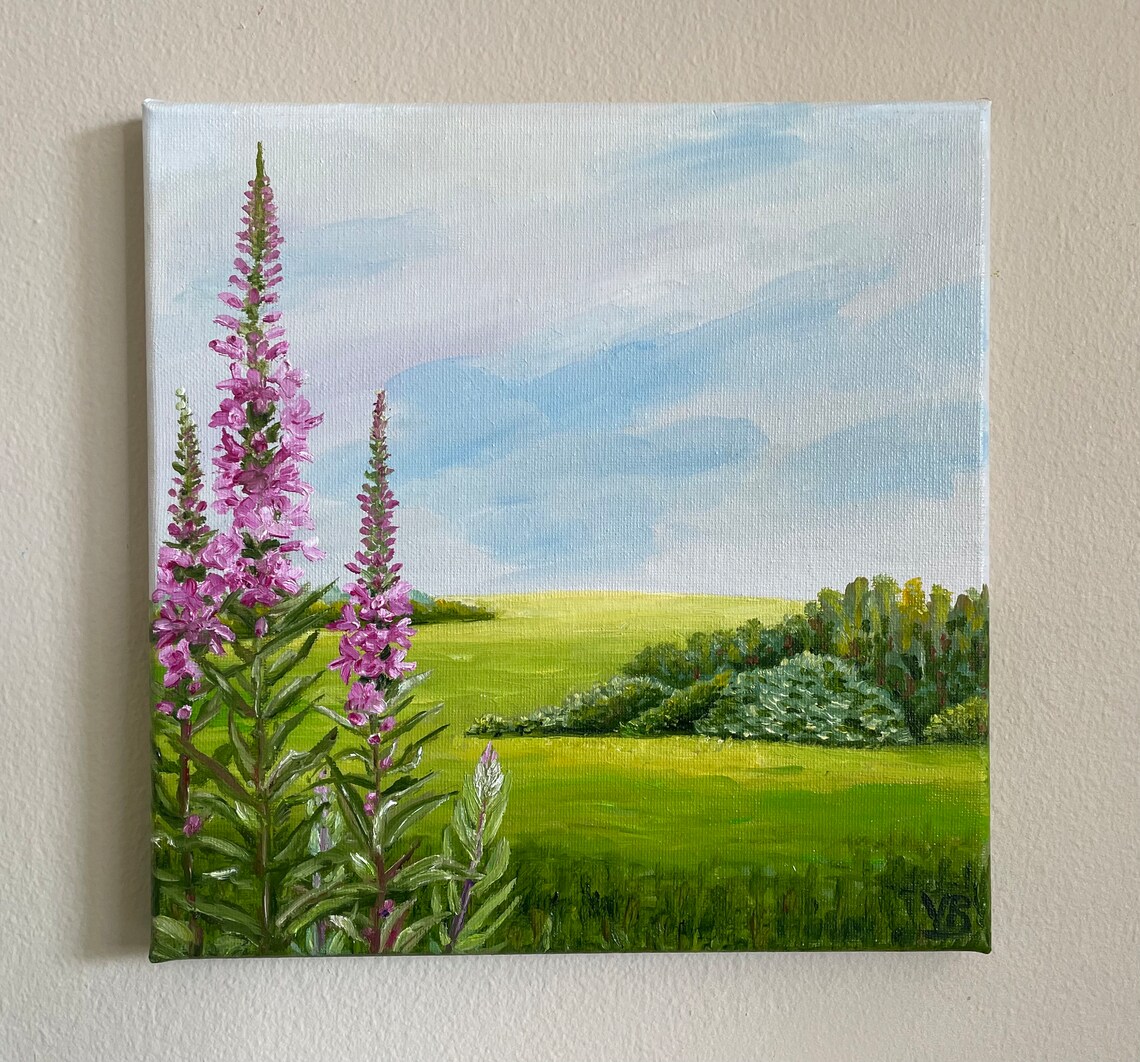 Green Meadow Pink Fireweed Wildflowers Landscape Oil Painting Poster - Image 3