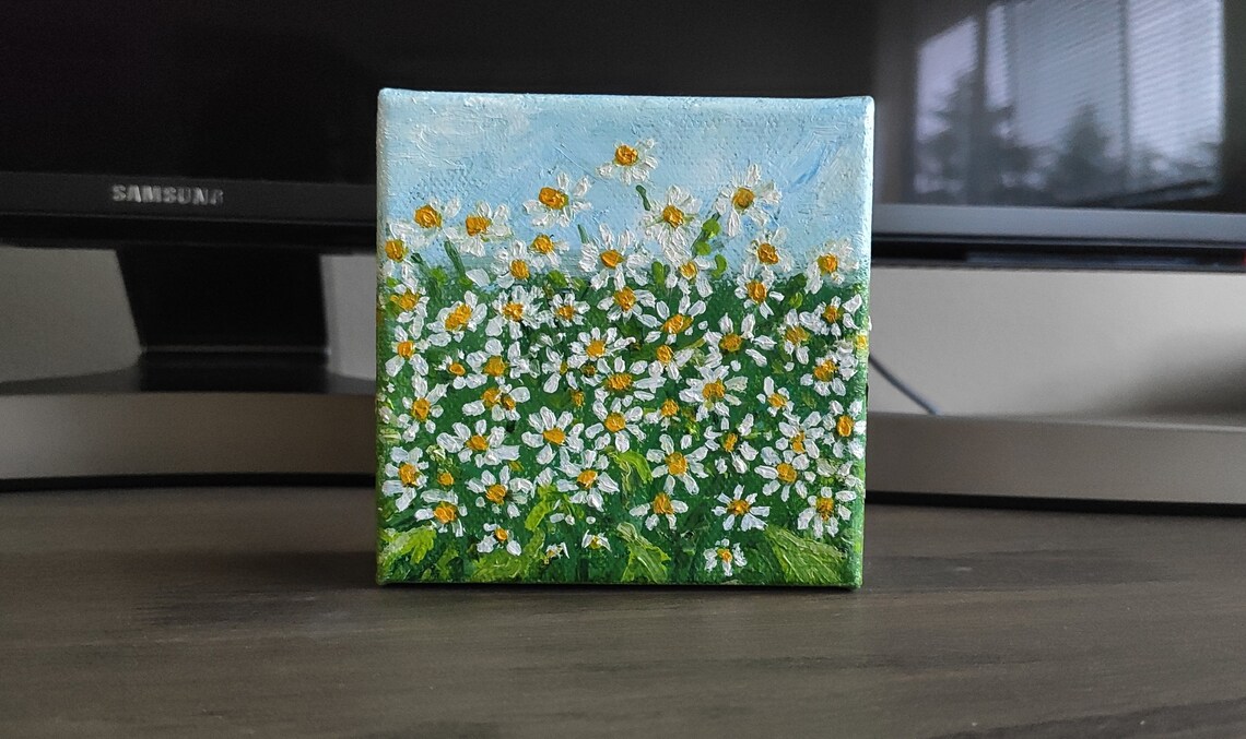 Wildflowers Chamomile Original Oil Art Painting On Field Of Daisies Painting White Green Floral Wall Art Gift For Mom - Image 4