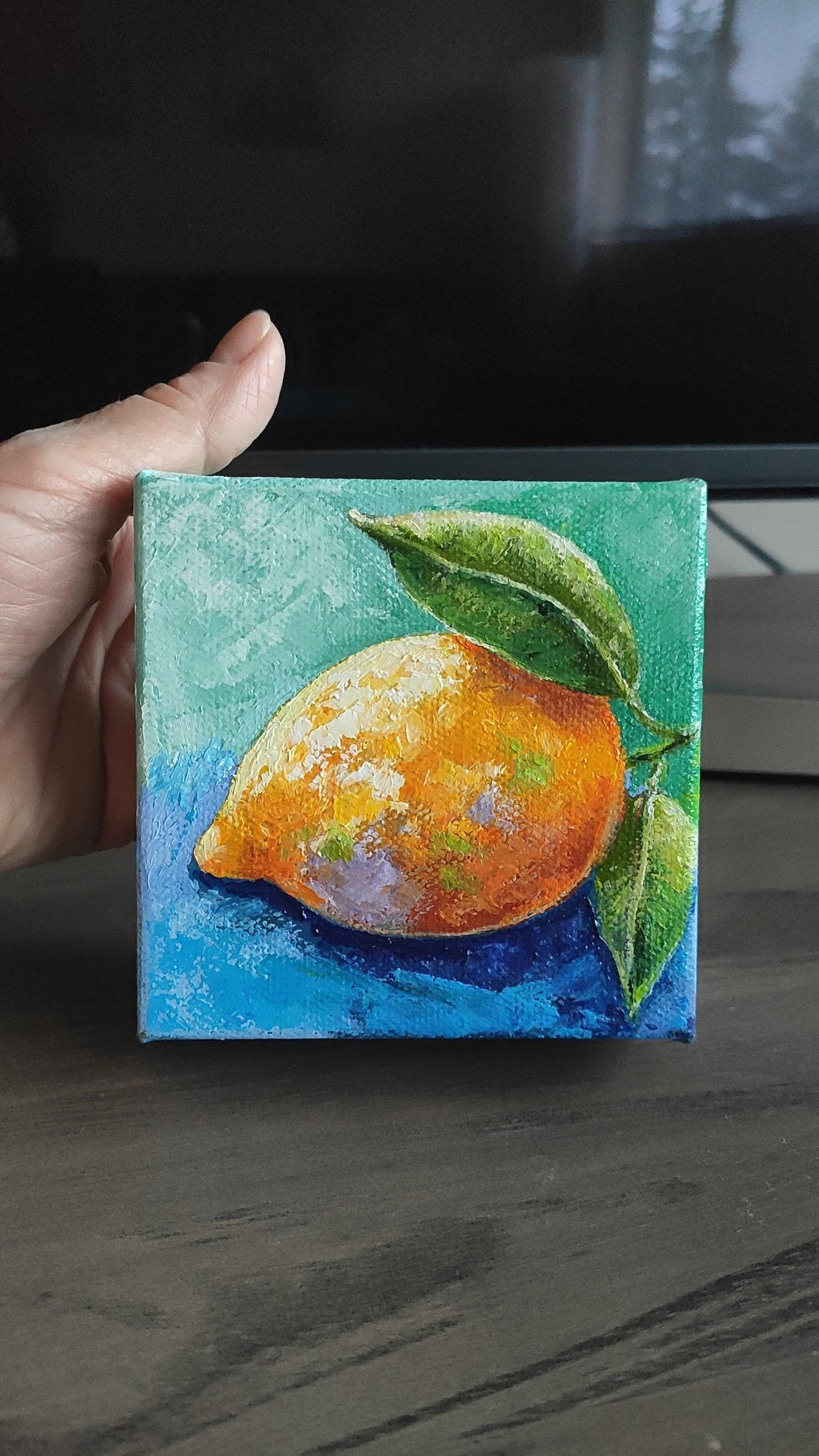Fresh Lemon Blue Background Citrus Kitchen Oil Painting Mini Art - Image 2