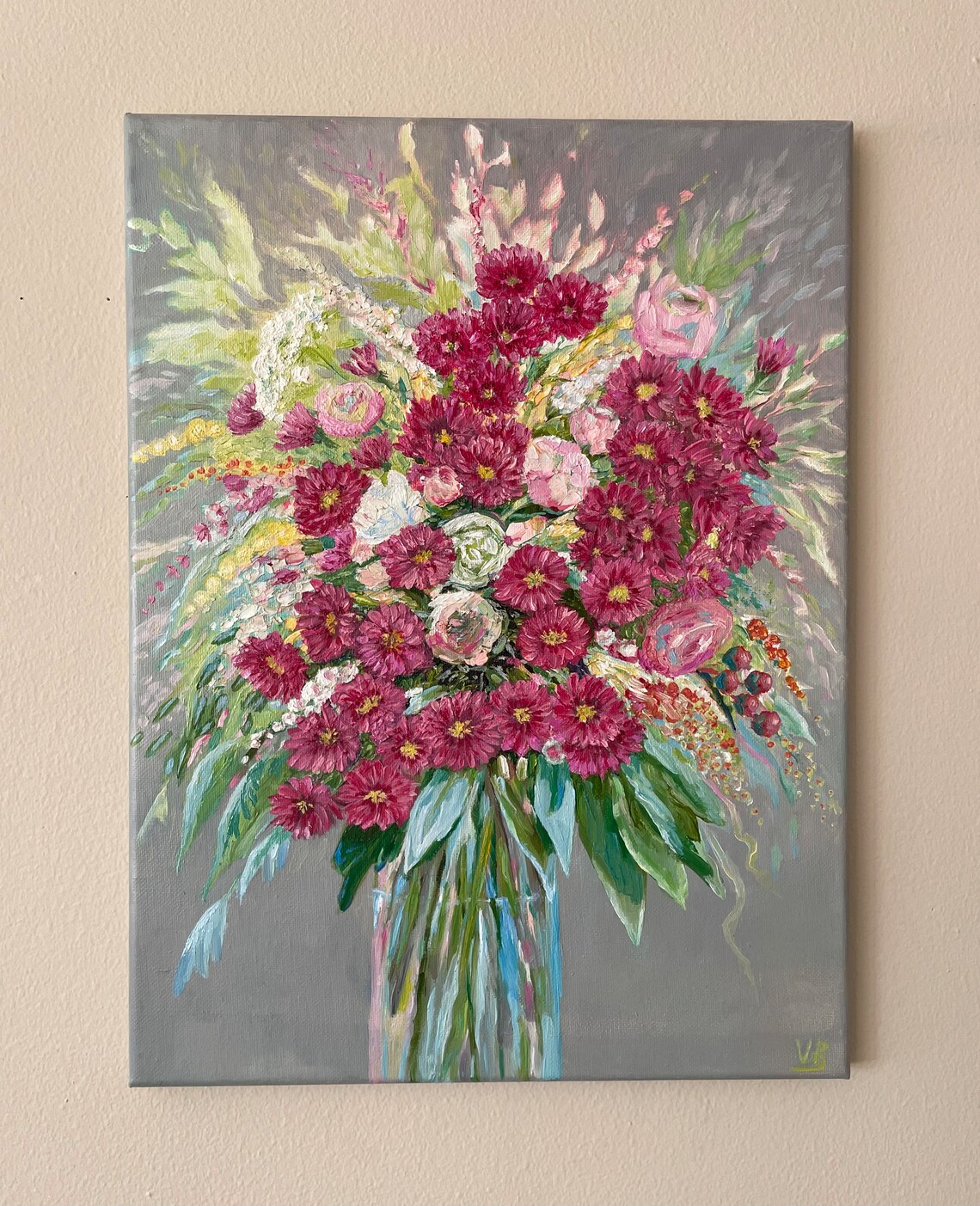 Magenta Chrysanthemum Bouquet In Glass Vase On Gray Floral Art Poster - Image 4