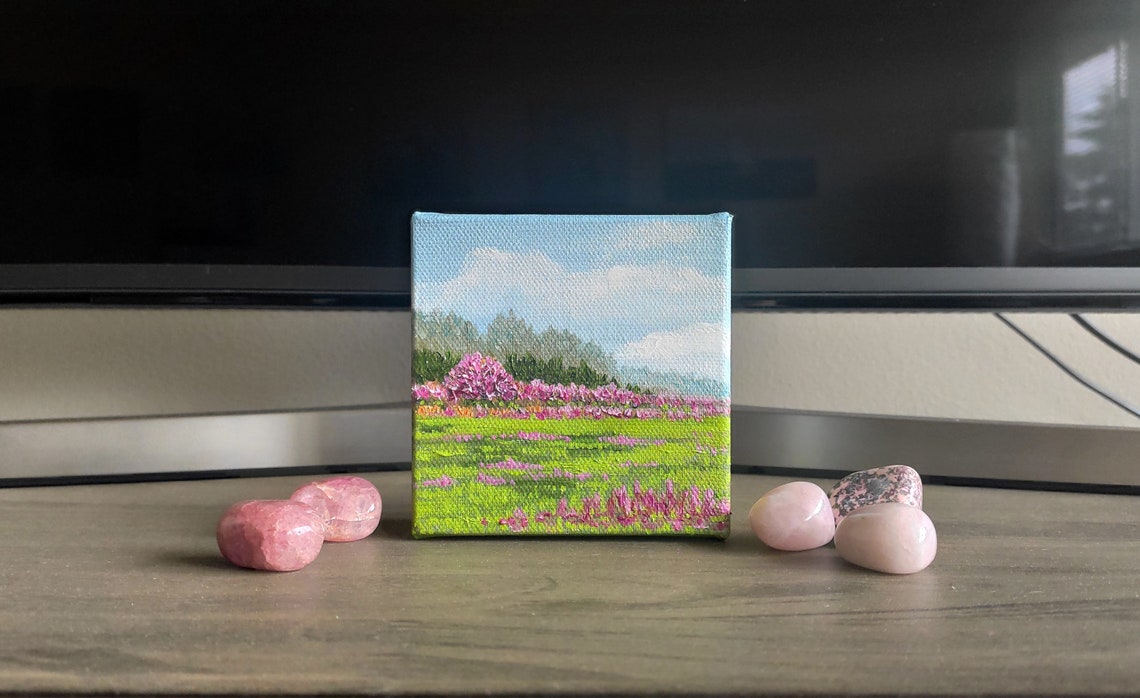 Pink Wildflower Field Spring Mini Canvas Meadow Landscape Painting Art - Image 4