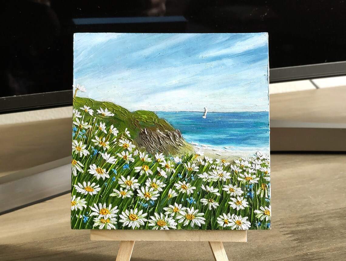 Wildflowers Daisy Chamomile Landscape Original Handmade Oil Painting On Field Of Daisies Sailboat Painting One Of A Kind Gift - Image 4