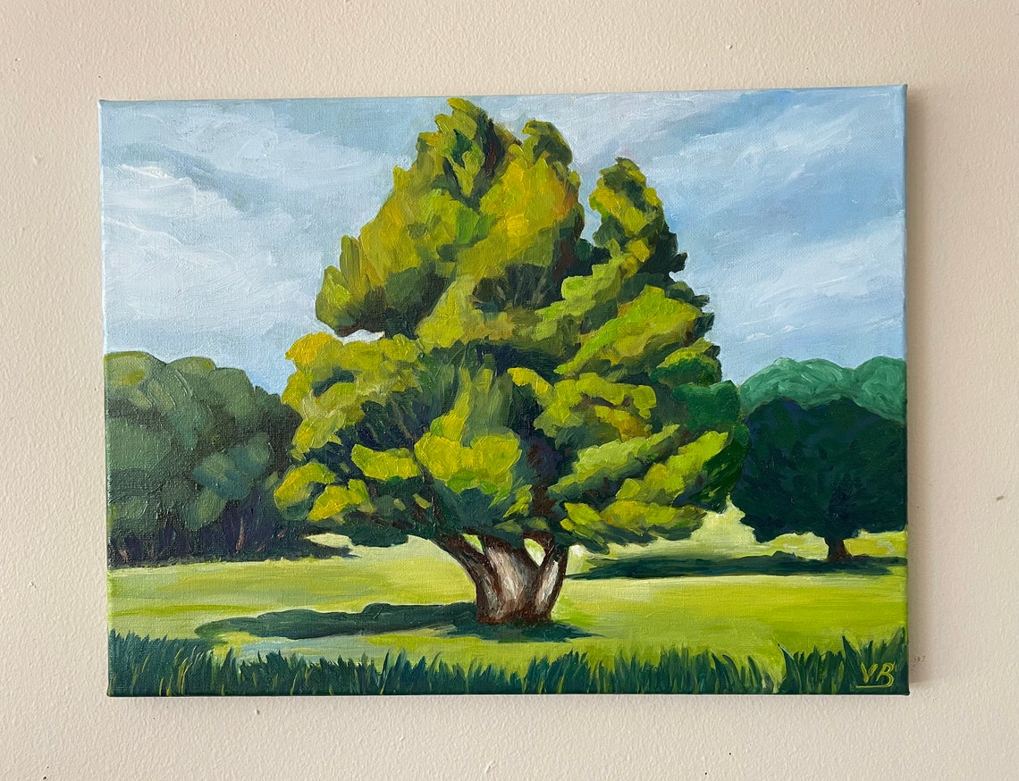 Sunlit Oak Tree Green Meadow Park Summer Landscape Oil Painting Art - Image 4