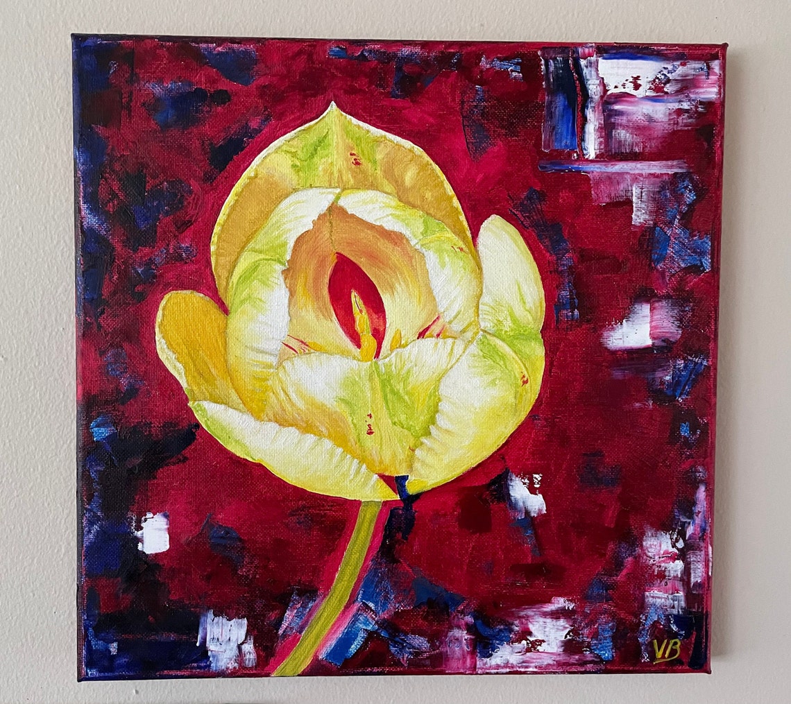 Yellow Lemon Tulip Blossom On Deep Red Background Floral Art Poster