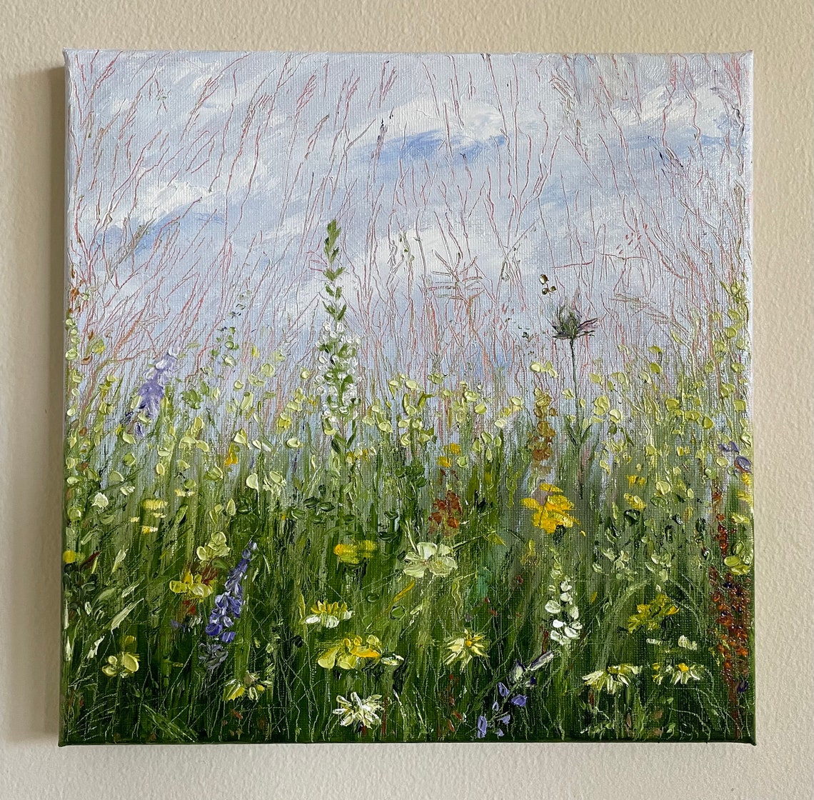 Impressionist Wildflower Meadow With Tall Grasses Blue Sky Art Poster - Image 3