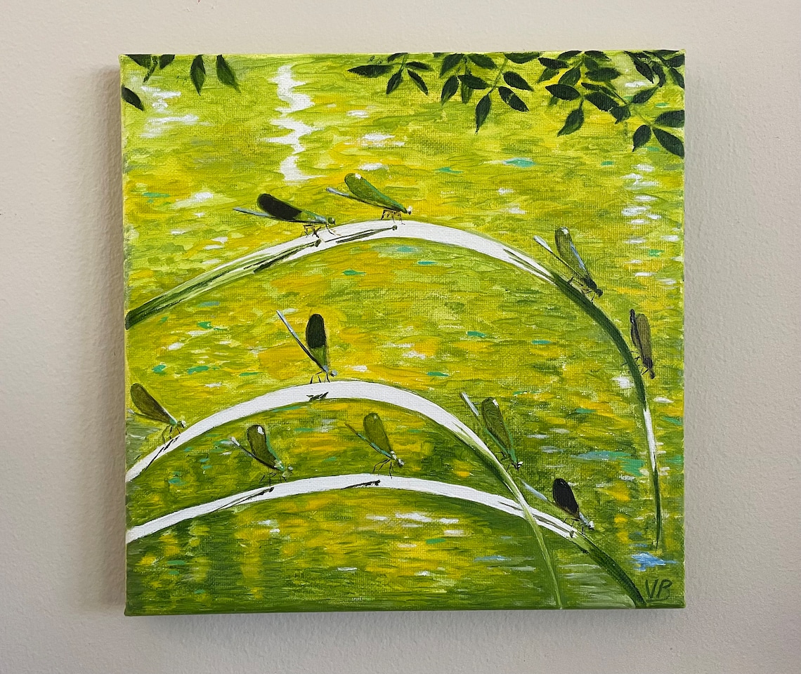 Dragonflies On Reeds Green Lake Water Original Oil Painting Nature Wall Art - Image 3