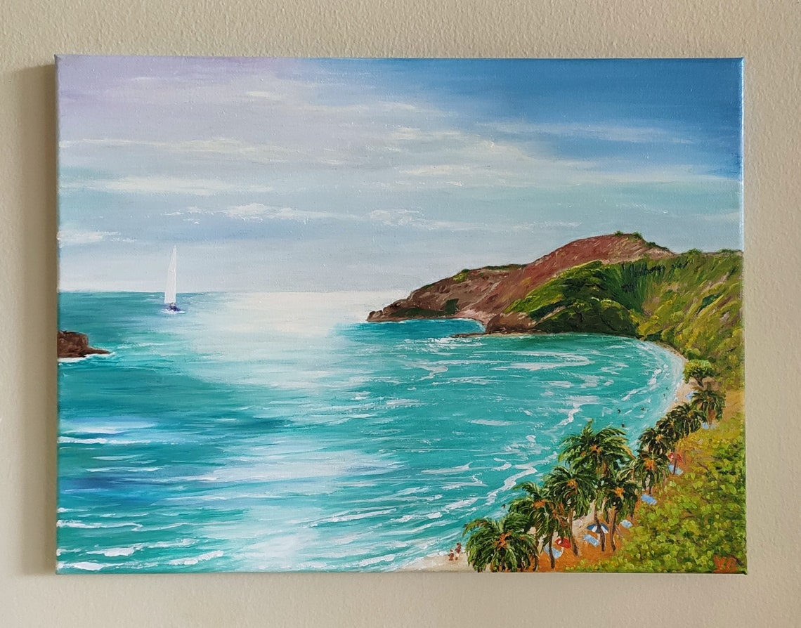 Hawaii Tropical Bay Turquoise Water Palm Trees Sailboat Oil Wall Art - Image 4