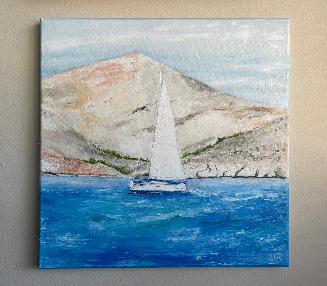 Sailboat By Rocky Coastal Mountain Cliffs On Turquoise Sea Art Poster - Image 2