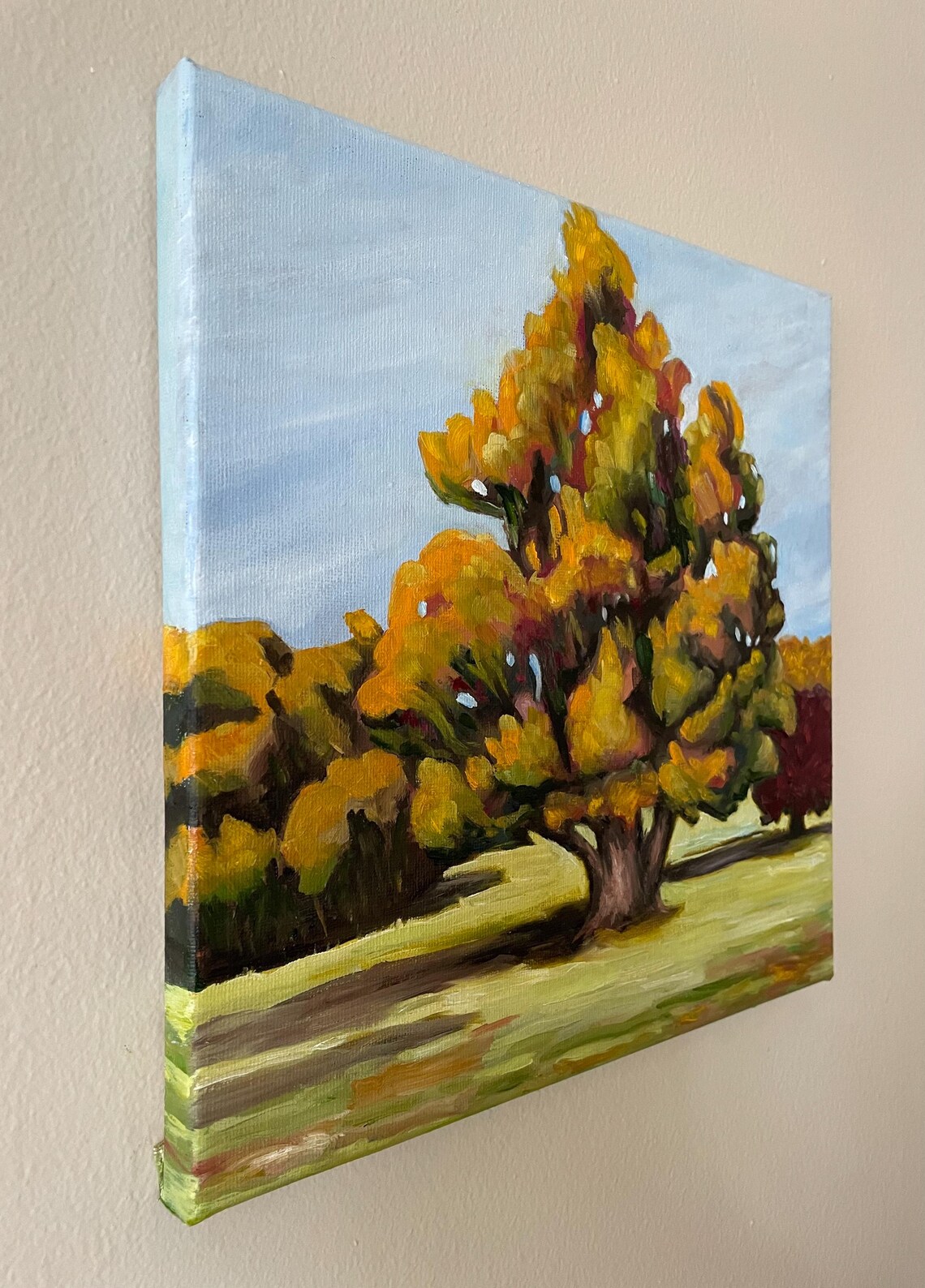 Golden Autumn Oak Tree Park Landscape Original Oil Painting Wall Art - Image 2