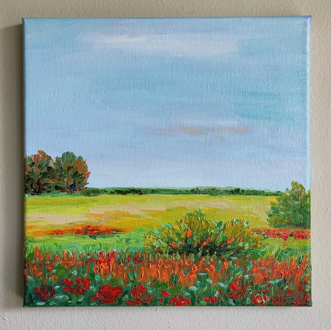Red Poppy Wildflower Meadow Big Sky Summer Impasto Landscape Poster