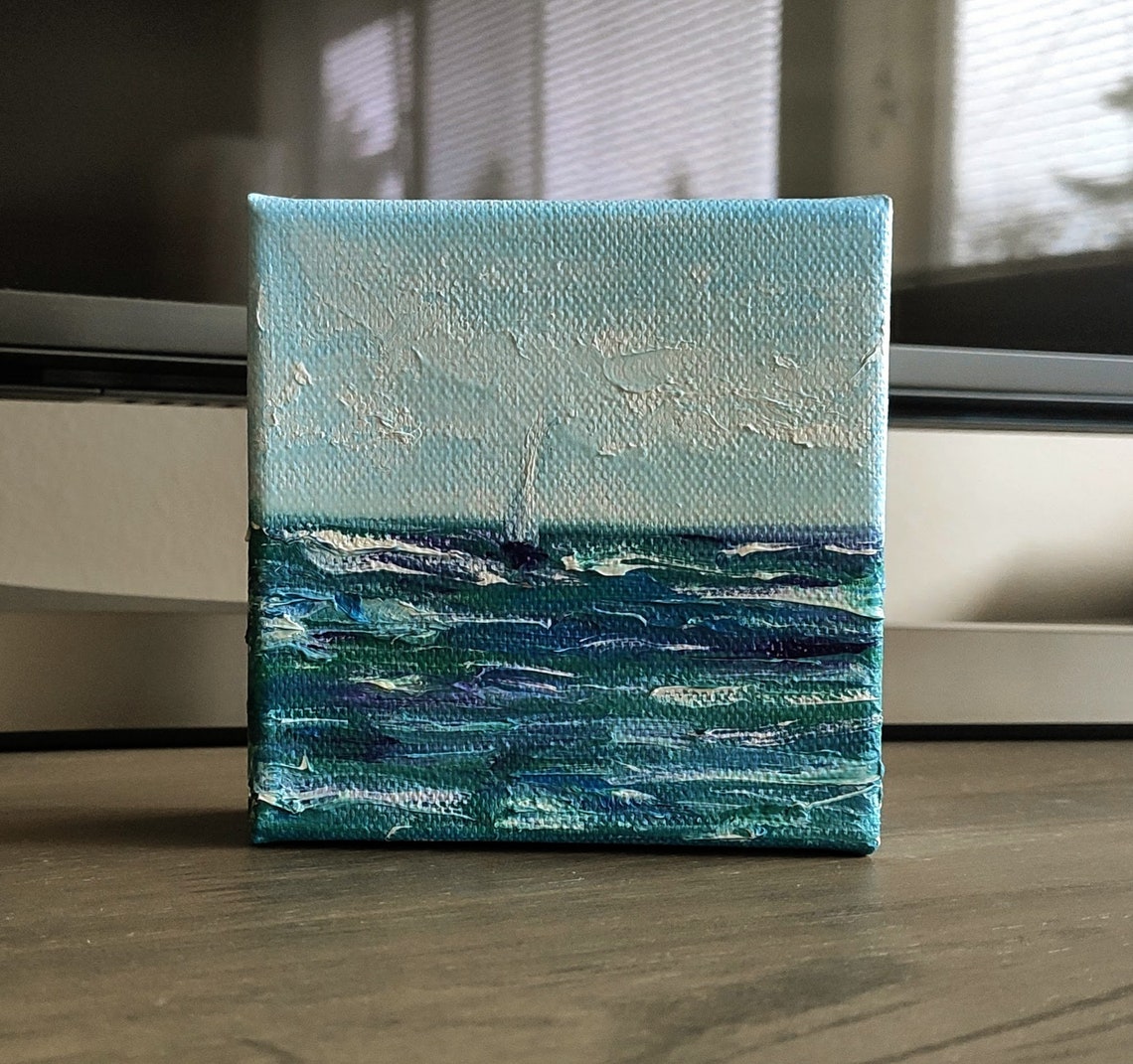 White Sailboat On Deep Teal Blue Sea Under Calm Pale Sky Art Poster