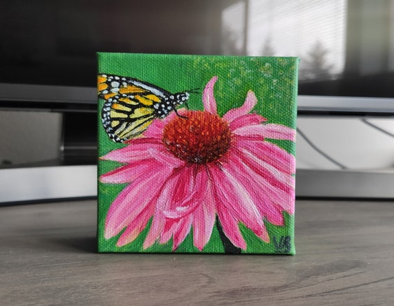 Pink Rudbeckia Wildflowers Butterfly Original Handmade Oil Painting On 4x4 Tiny Painting Gallery Wall Art Gift
