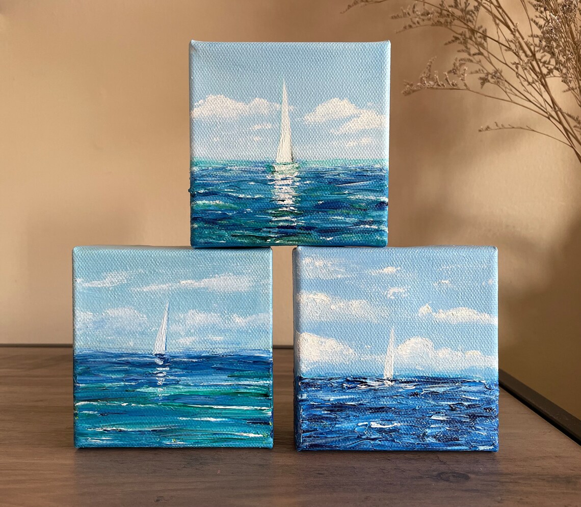 White Sailboat Blue Ocean Waves Original Oil Painting Nautical Wall Art - Image 2