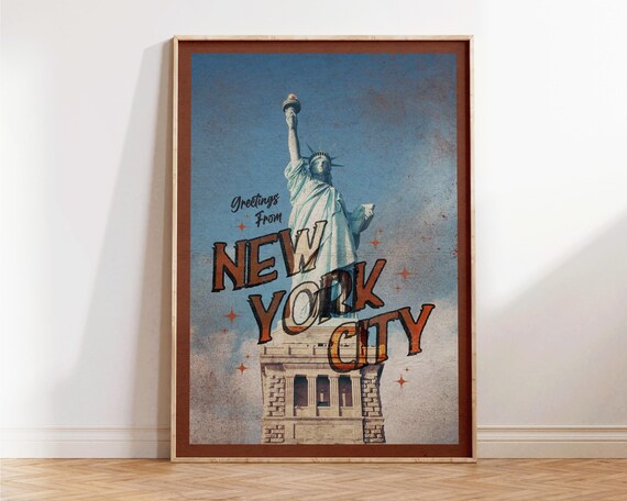 Greetings From New York City Orange Retro Postcard Art Poster