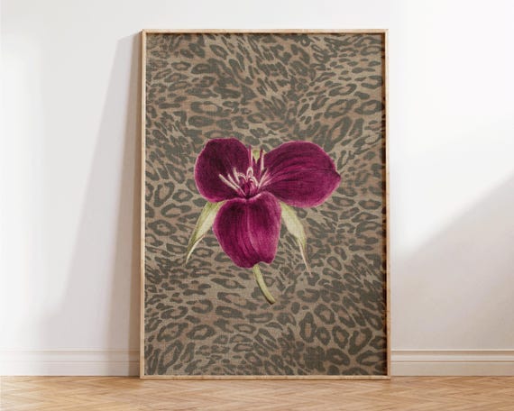 Leopard Print With Cheetah And Retro Flowers Vintage Girly Wall Art Trendy Preppy Decor For Bedroom Or Apartment
