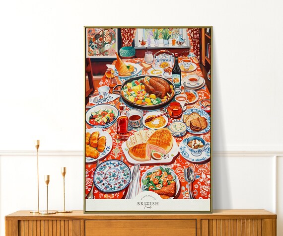 British Food Vibrant Full Spread Feast Painting Made in England Poster