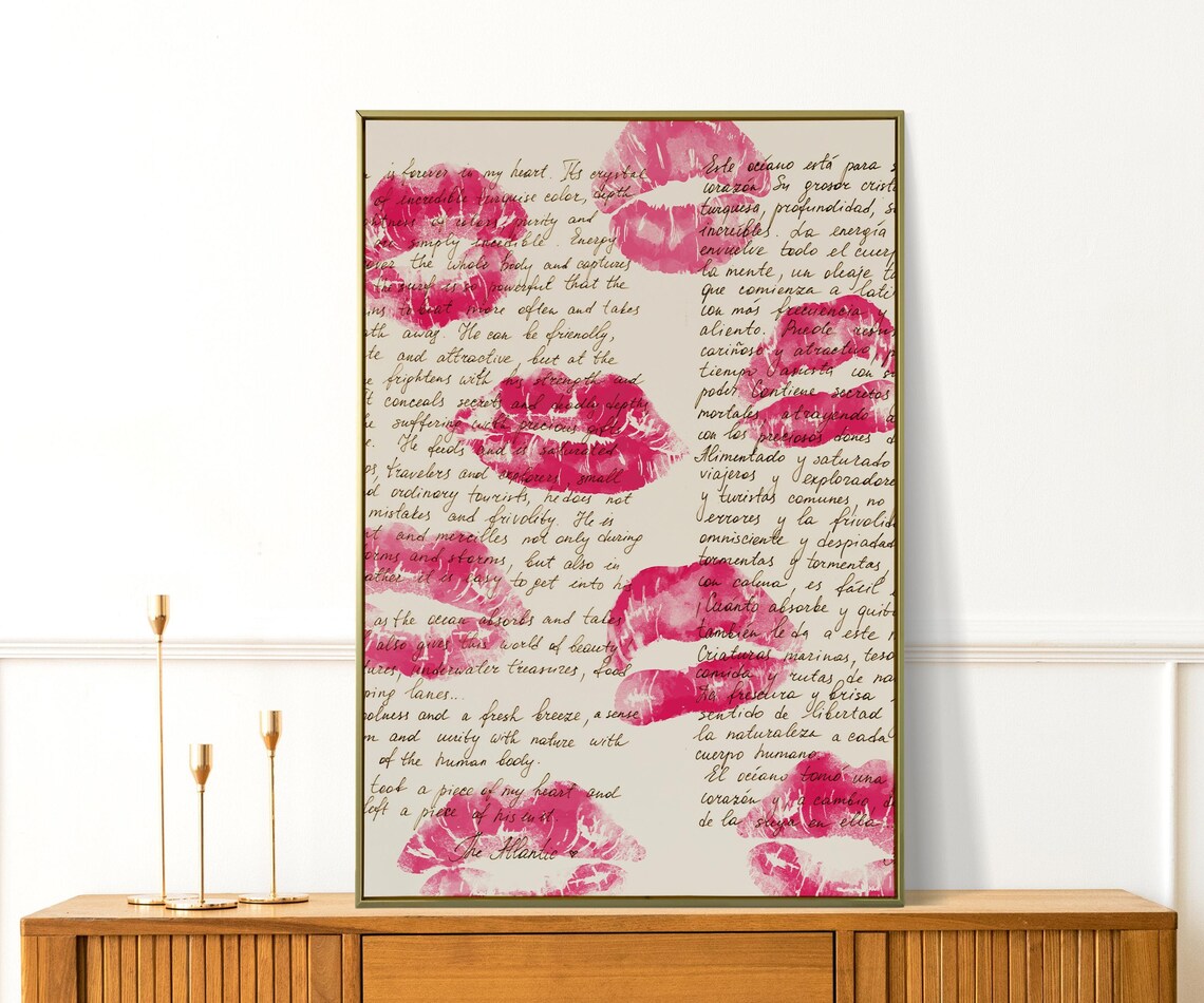 Retro Pink Lipstick Kiss Prints On Vintage Script Love Poster