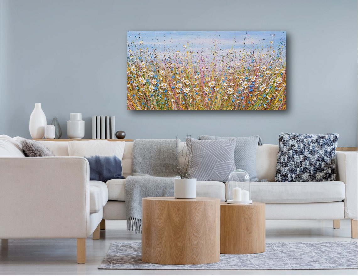 White Daisies Blue Cornflowers Panoramic Field Splatter Art Poster - Image 2