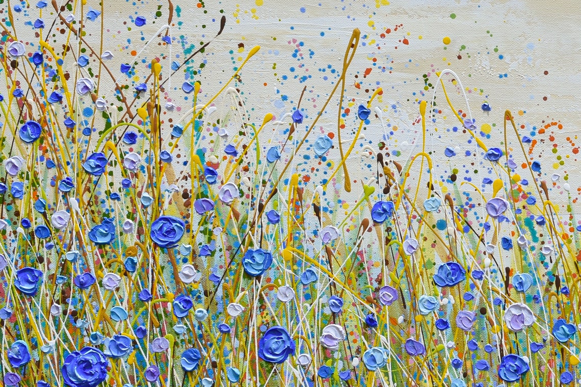 Blue Wildflower Field Golden Grass Beige Sky Panoramic Art Print - Image 2