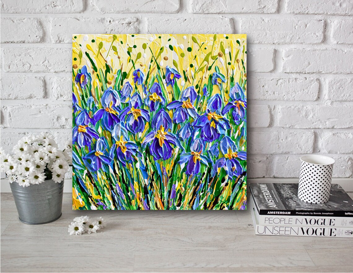 Purple Irises Painting Blue Flowers Yellow Field Impasto Art Poster - Image 2