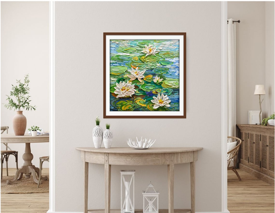 White Water Lilies, Impasto Floral Wall Art Print - Image 3