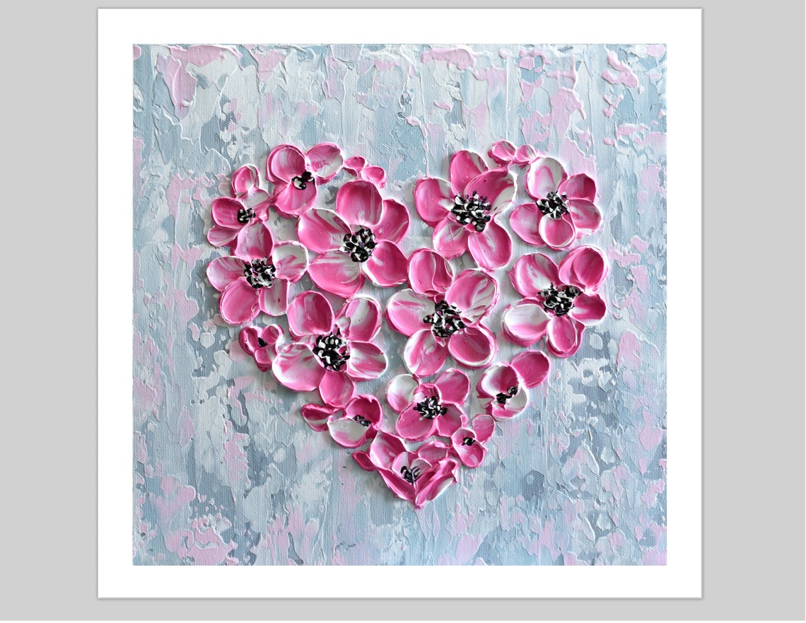 Pink Floral Heart Painting Abstract Blossoms Love Art Wall Poster