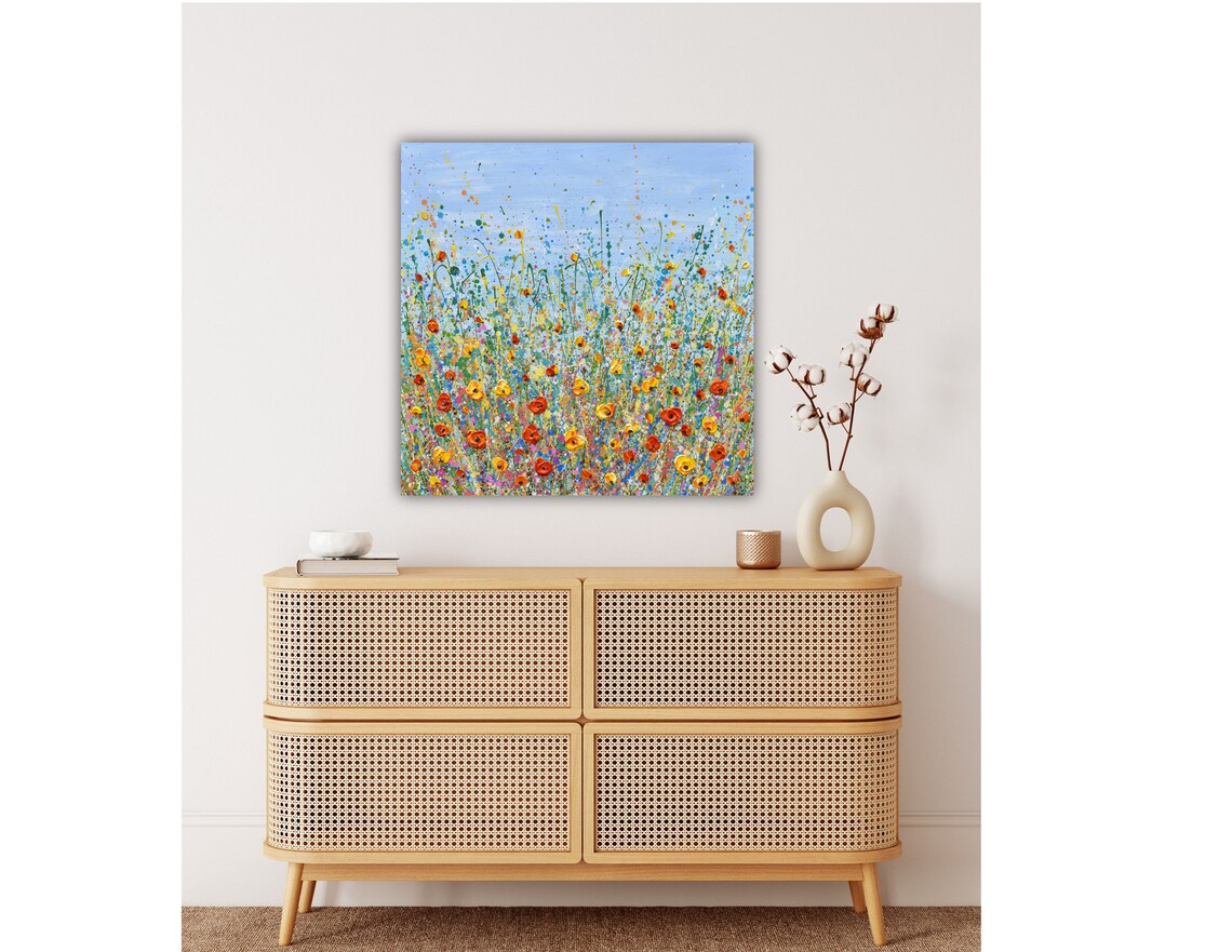 Poppy Meadow Splatter Painting Red Yellow Flowers Blue Sky Art Poster - Image 2