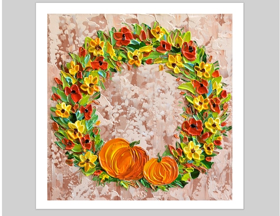 Fall Floral Wreath Painting Pumpkins Autumn Flowers Holiday Art Poster