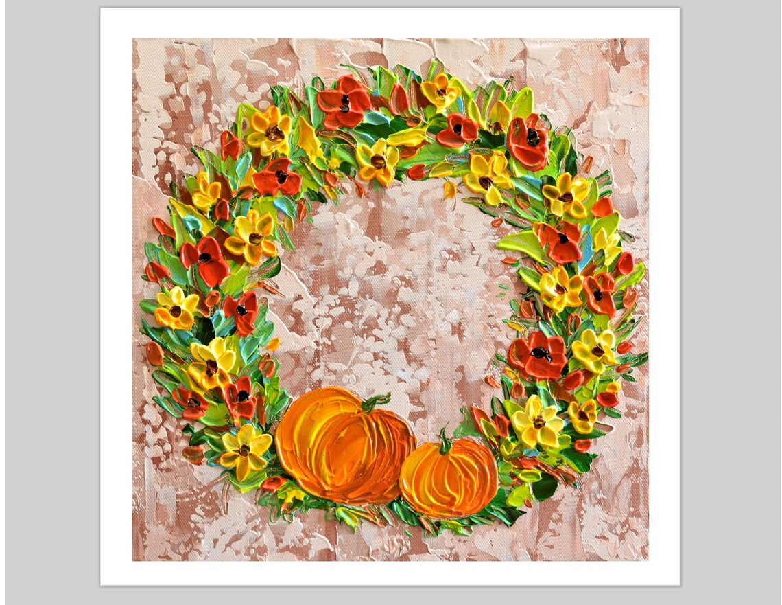 Fall Floral Wreath Painting Pumpkins Autumn Flowers Holiday Art Poster