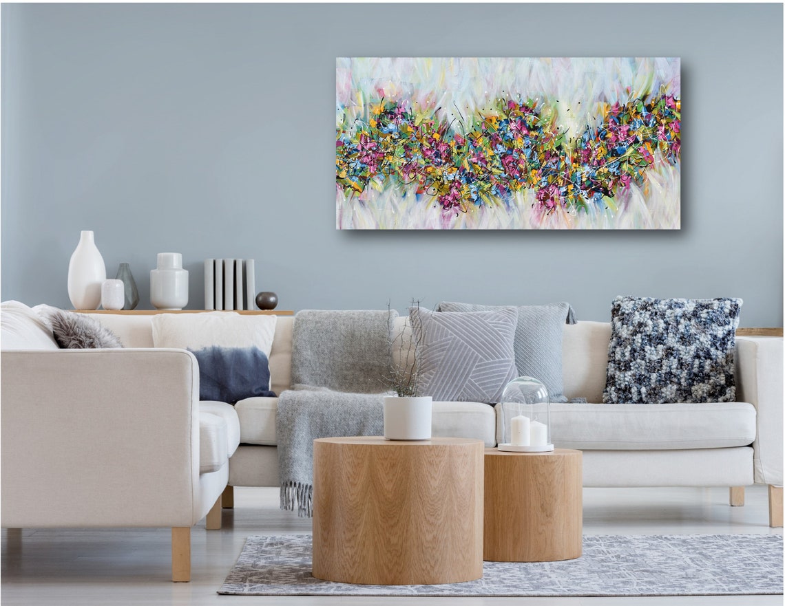 Colorful Floral Splatter Abstract Panoramic White Modern Art Poster - Image 2