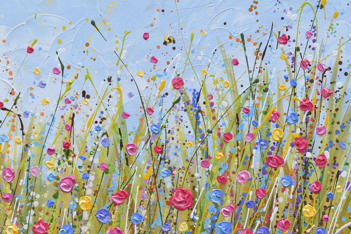 Pink Red Blue Wildflower Field Textured Sky Panoramic Art Print - Image 3
