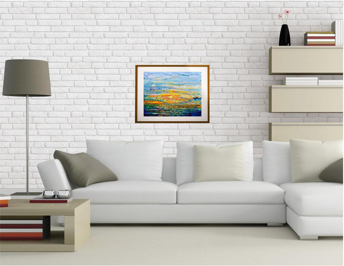 Blue Orange Sunset Seascape Abstract Painting Textured Ocean Art Poster - Image 3