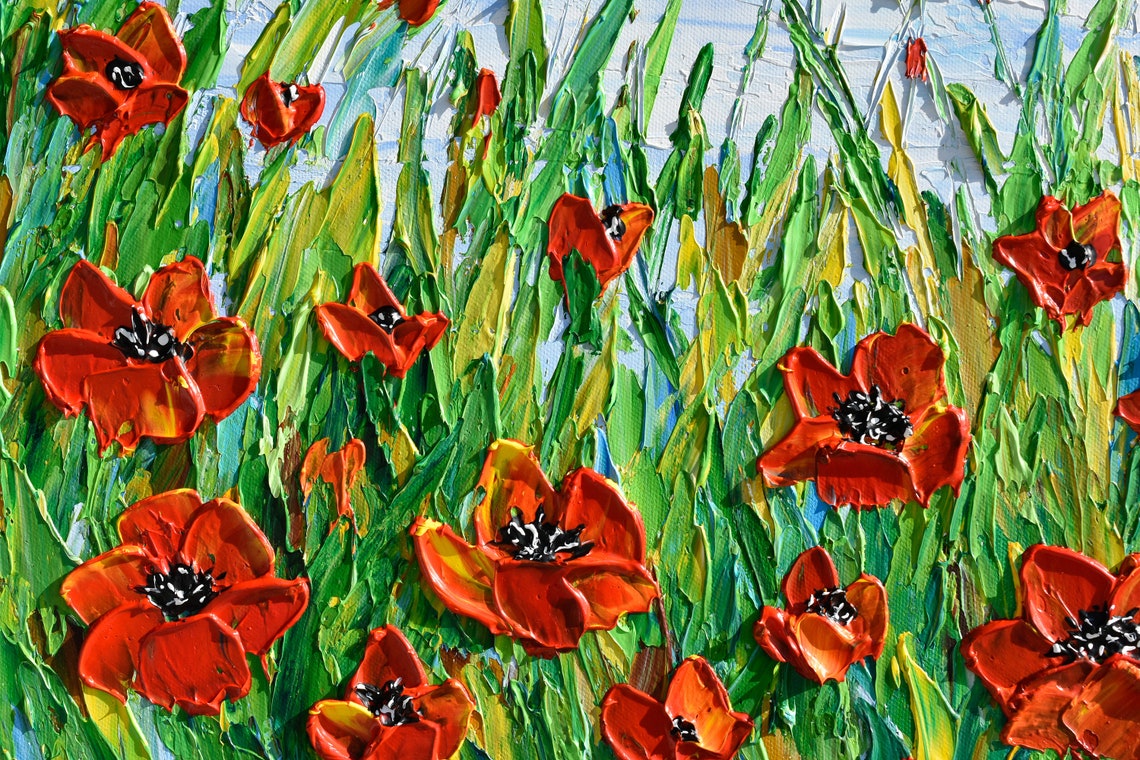 Red Poppy Field Painting Tall Green Grass Blue Sky Impasto Art Poster - Image 3