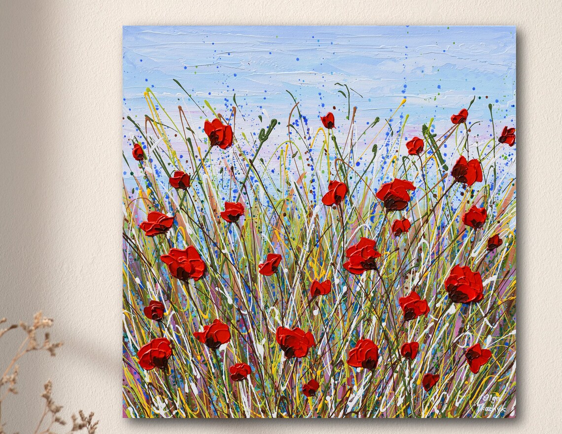 Red Poppy Field Wildflower Meadow Tall Grass Impasto Floral Art Print
