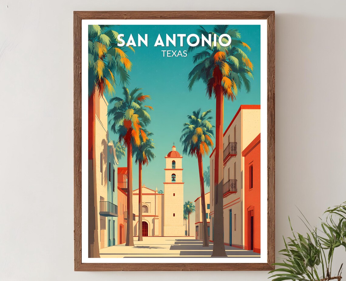 San Antonio Texas Retro Travel Poster Mission Palm Trees Vibrant Sunny Street