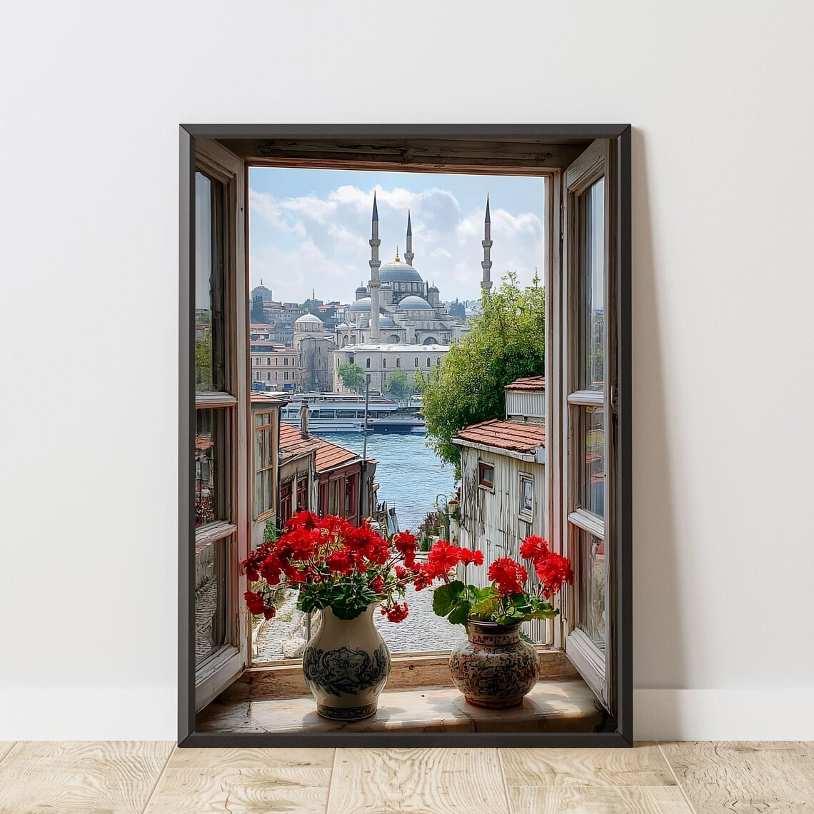 Istanbul Window View Travel Poster, Bosphorus Cityscape